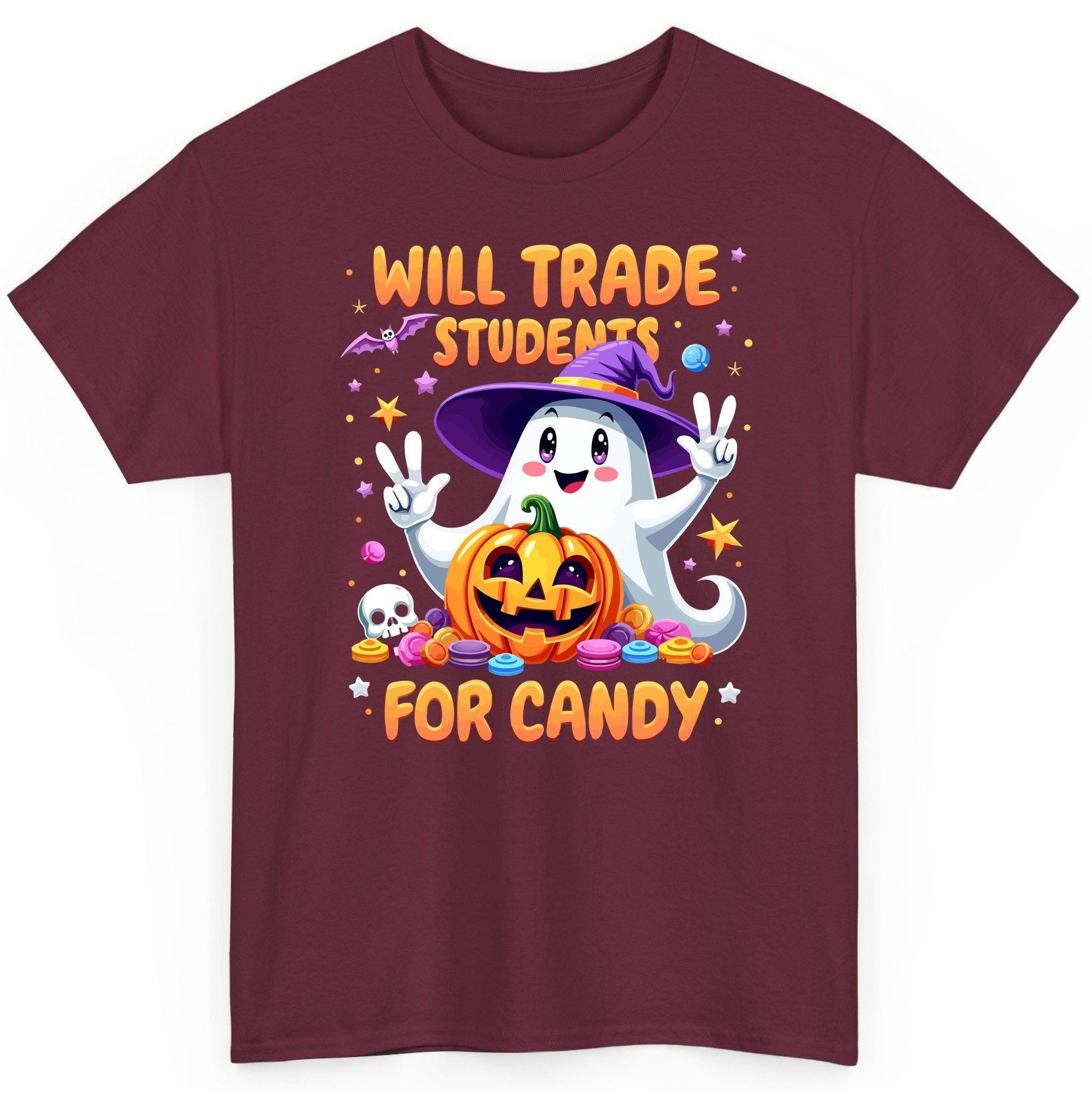 Will Trade Students for Candy teacher Halloween T-Shirt Maroon product mockup