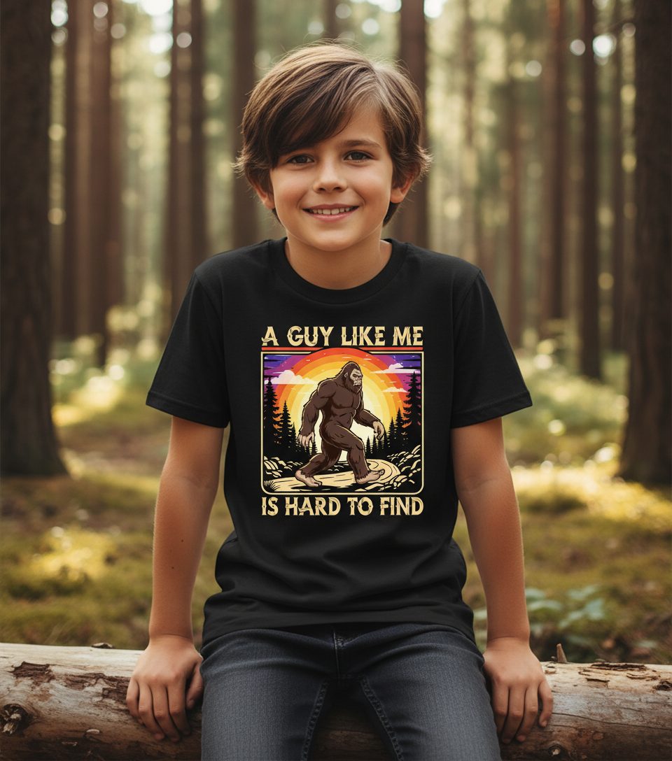 A Guy Like Me Is Hard to Find bigfoot Youth T-Shirt Black lifestyle mockup