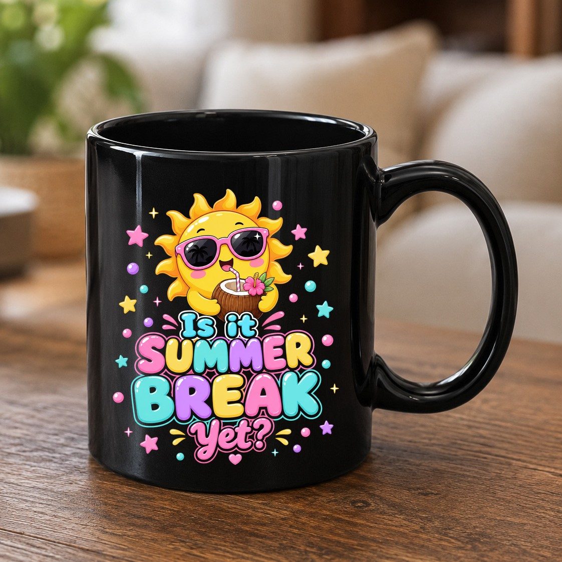 Is It SUMMER BREAK Yet Funny Vacation Black Mug - product mockup - Black