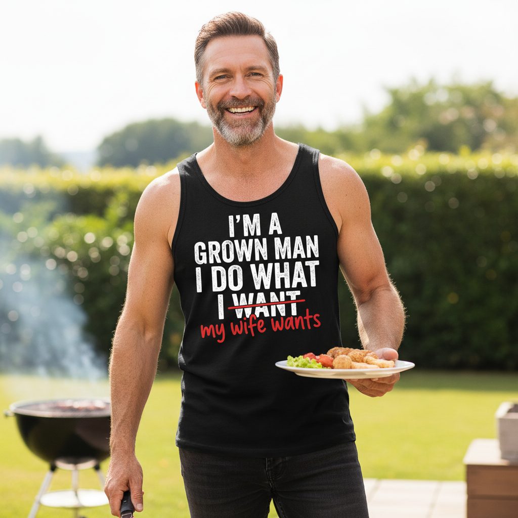 I'm a Grown Man I Do What I Want My Wife Wants Tank Top - lifestyle model mockup - Black