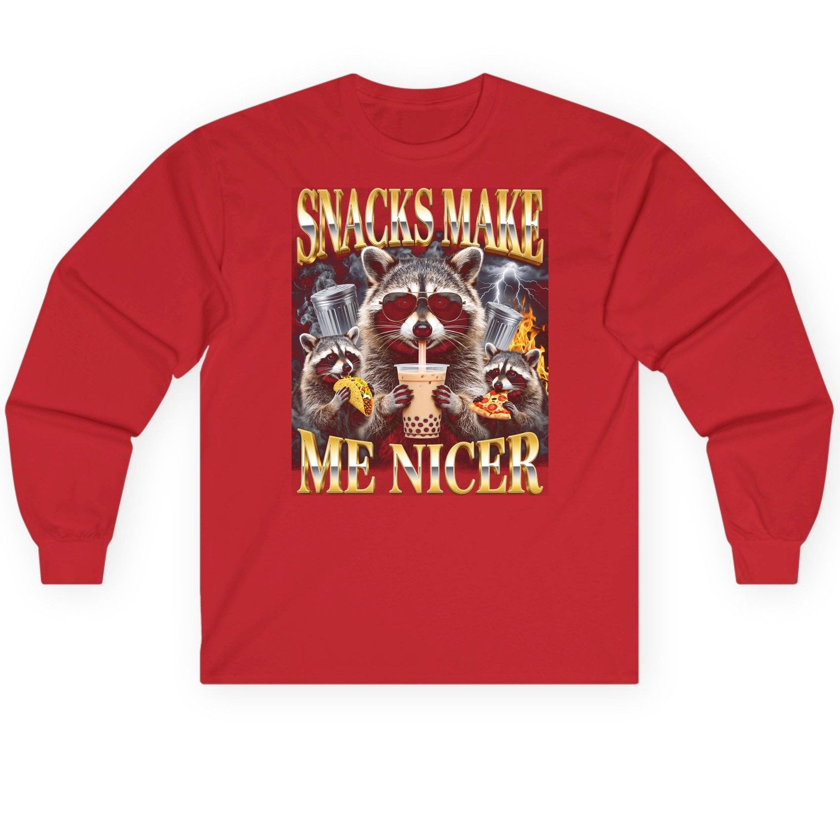 SNACKS MAKE ME NICER Funny Raccoon Long Sleeve Tee - product mockup - Red