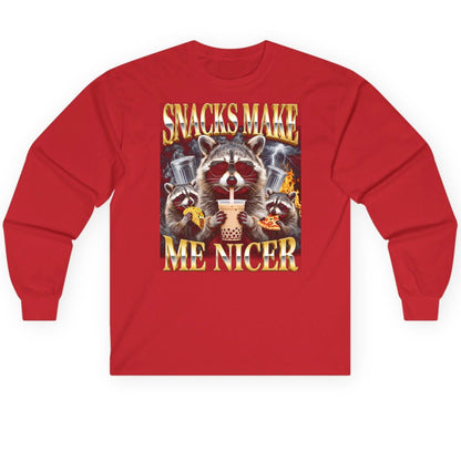 SNACKS MAKE ME NICER Funny Raccoon Long Sleeve Tee - product mockup - Red