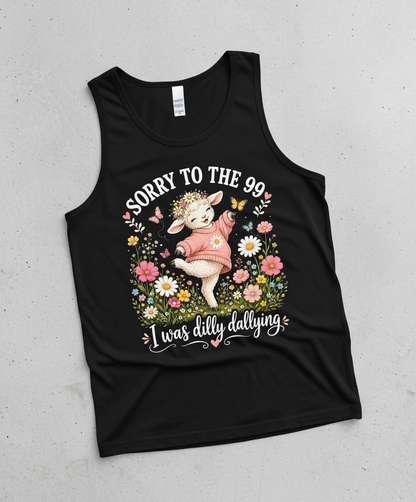 Cute Dilly Dallying Lamb "Sorry To The 99" Funny Design Tank Top - Black
