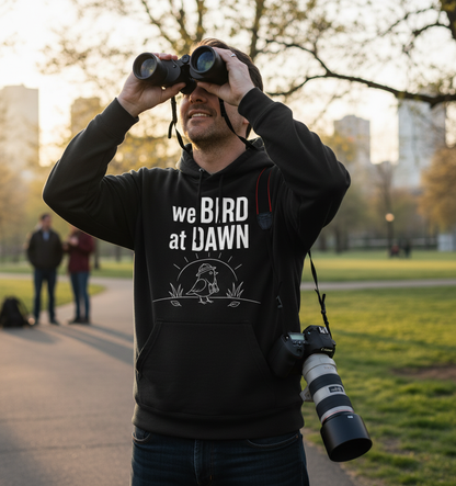 Funny We Bird at Dawn Birdwatching Hoodie - lifestyle model mockup - Black