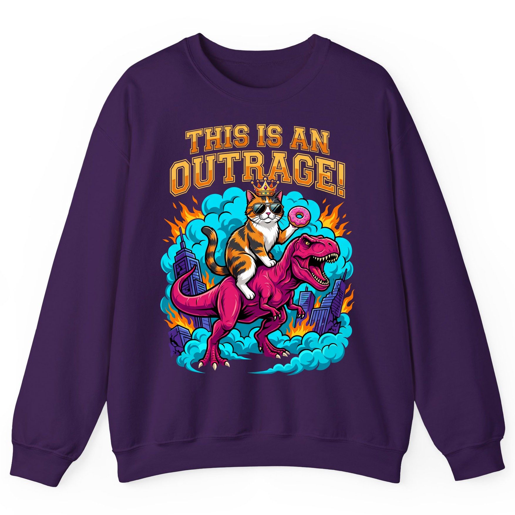 THIS IS AN OUTRAGE! Cat riding a T-Rex Sweatshirt Purple product mockup