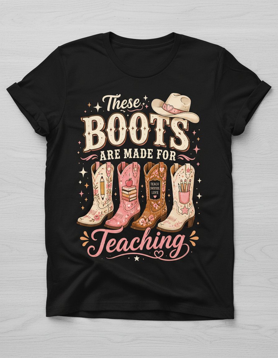 These Boots Are Made for Teaching Teacher T-Shirt - product mockup - Black