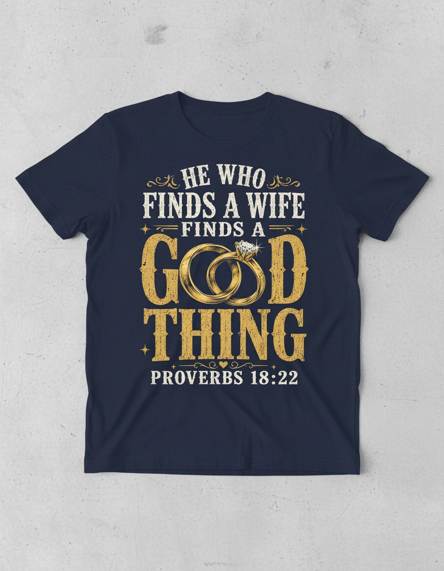 He Who Finds a Wife Finds a Good Thing Proverbs 18 22 T-Shirt - product mockup - Navy