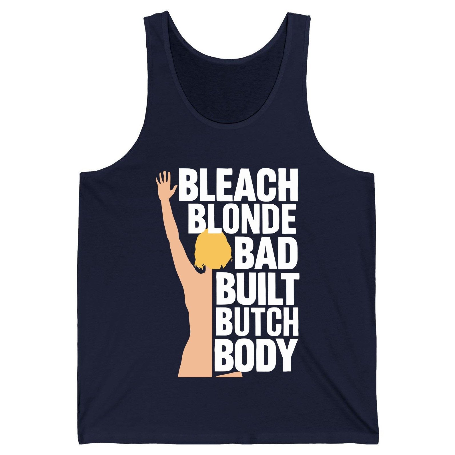 Bleach Blonde Bad Built Butch Body pop culture meme Tank Top Navy product mockup