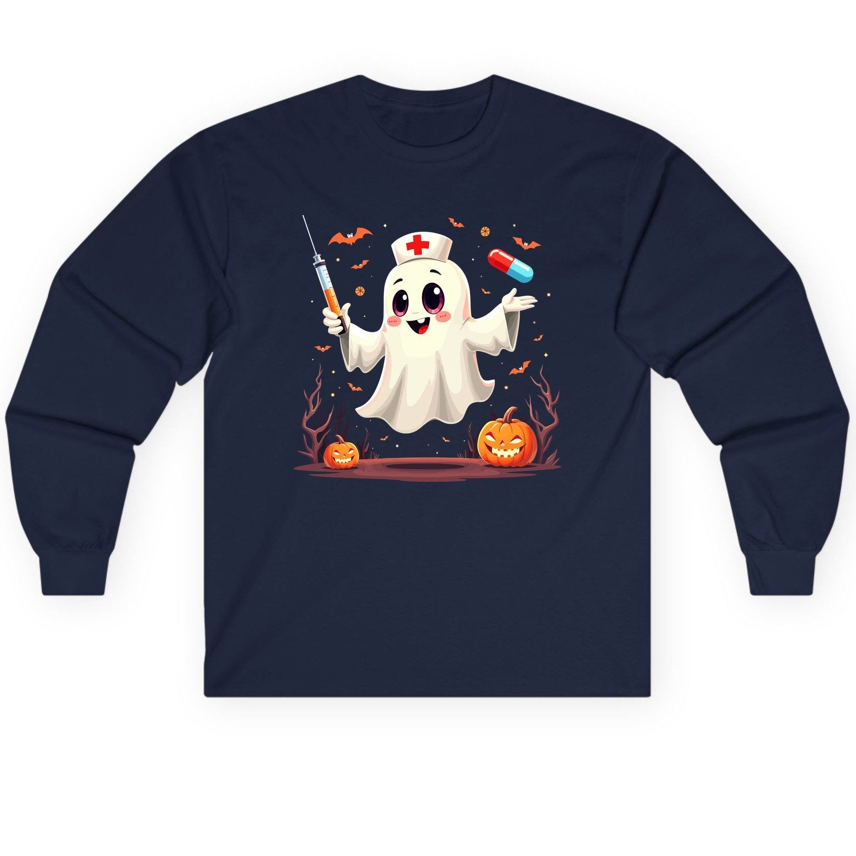 Cute Ghost Nurse Halloween ghost nurse Long Sleeve Tee Navy product mockup