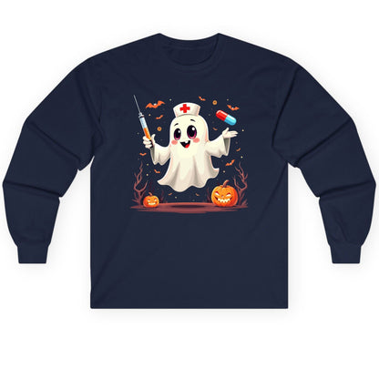Cute Ghost Nurse Halloween ghost nurse Long Sleeve Tee Navy product mockup