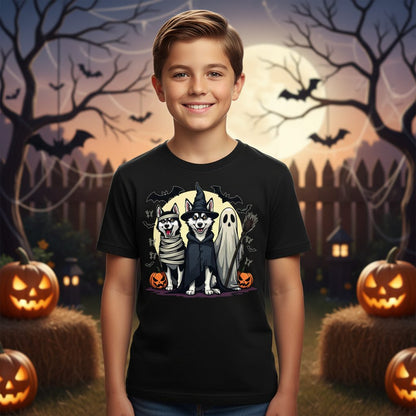 Halloween Huskies in Costumes Halloween huskies Youth T-Shirt Black lifestyle mockup