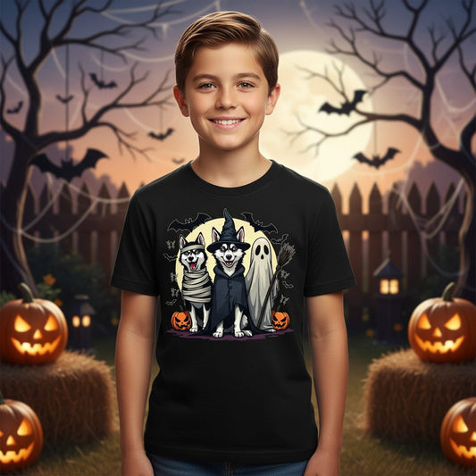 Halloween Huskies in Costumes Halloween huskies Youth T-Shirt Black lifestyle mockup