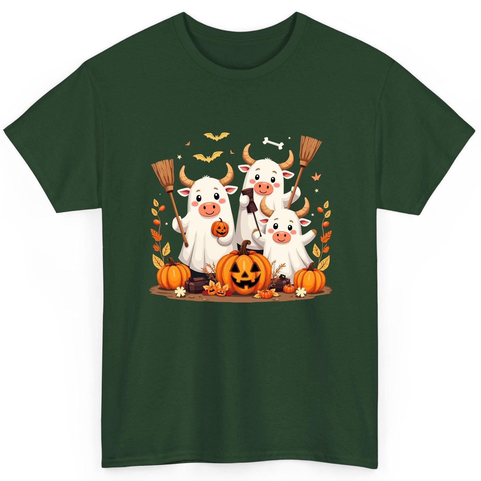 Cute Ghost Cows Halloween cows T-Shirt Forest Green product mockup
