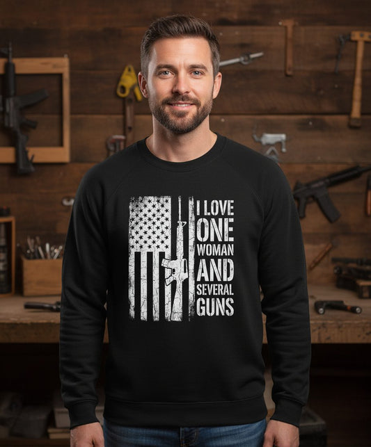 I LOVE ONE WOMAN AND Several GUNS Funny Pro-Gun Sweatshirt - lifestyle model mockup - Black