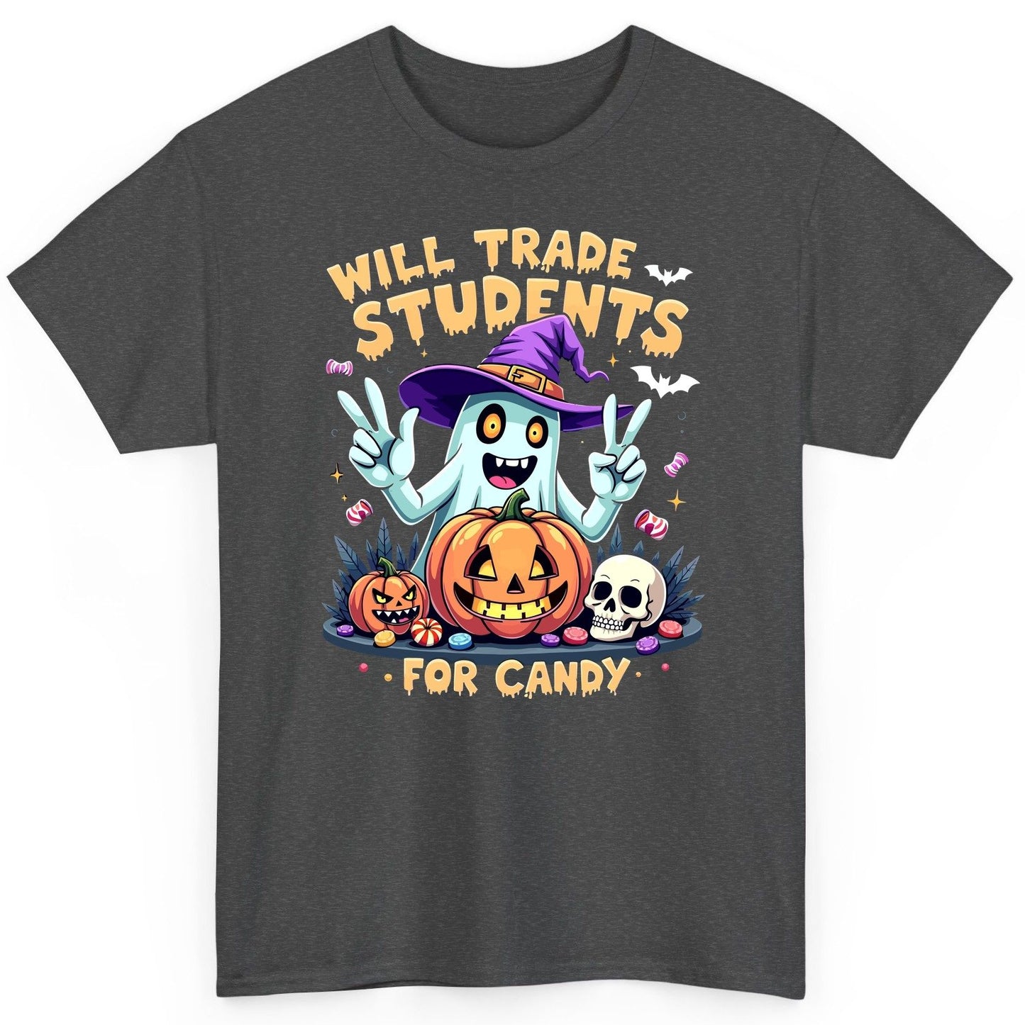 Will Trade Students for Candy teacher humor T-Shirt Dark Heather product mockup