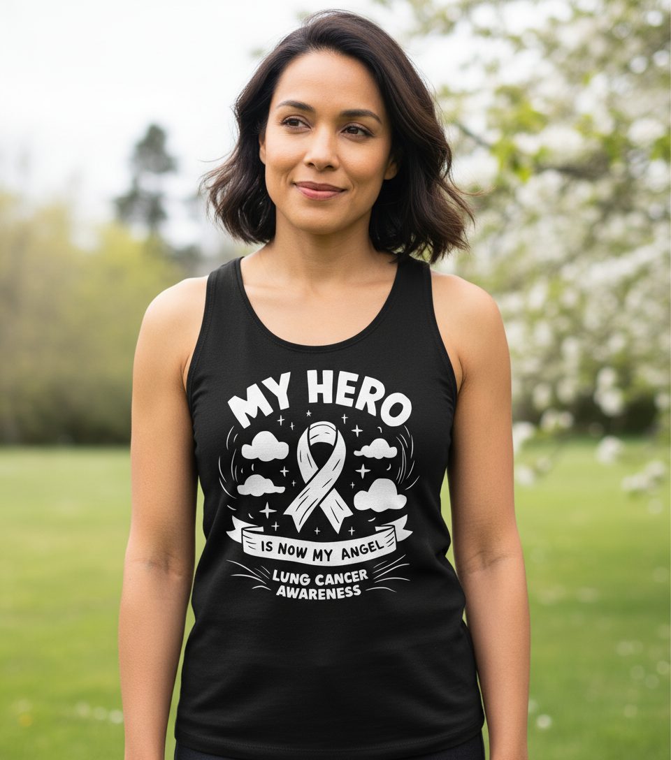 My Hero Is Now My Angel Lung Cancer Awareness lung cancer awareness Tank Top Black lifestyle mockup