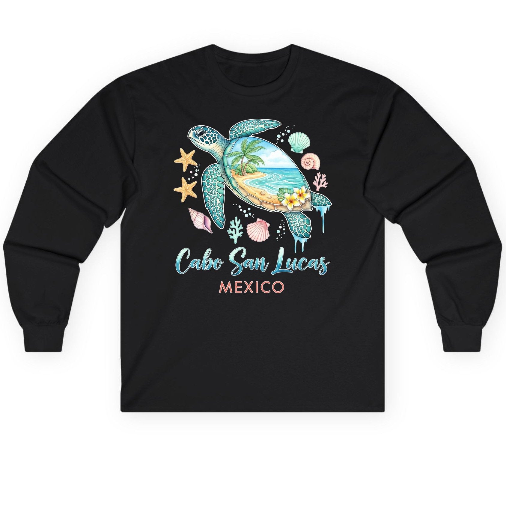 Cabo San Lucas Mexico sea turtle Long Sleeve Tee Black product mockup