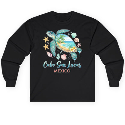 Cabo San Lucas Mexico sea turtle Long Sleeve Tee Black product mockup