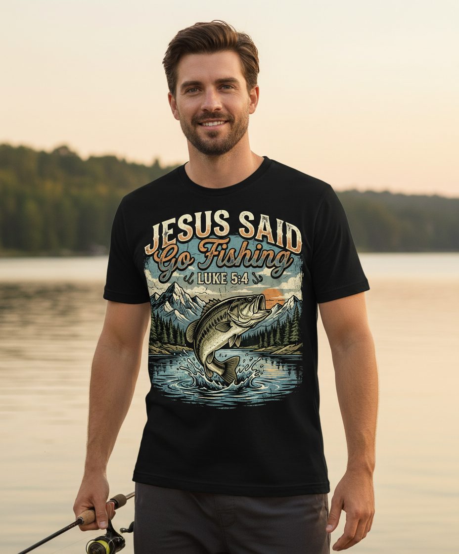 JESUS SAID Go Fishing LUKE 5 4 Retro Christian T-Shirt - lifestyle model mockup - Black