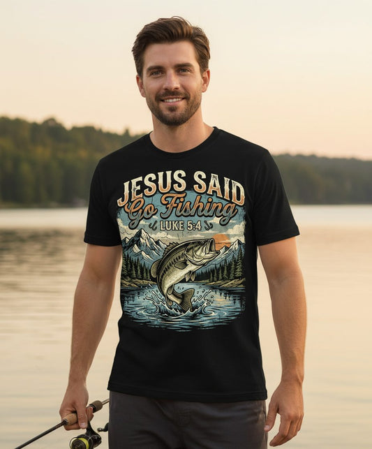 JESUS SAID Go Fishing LUKE 5 4 Retro Christian T-Shirt - lifestyle model mockup - Black