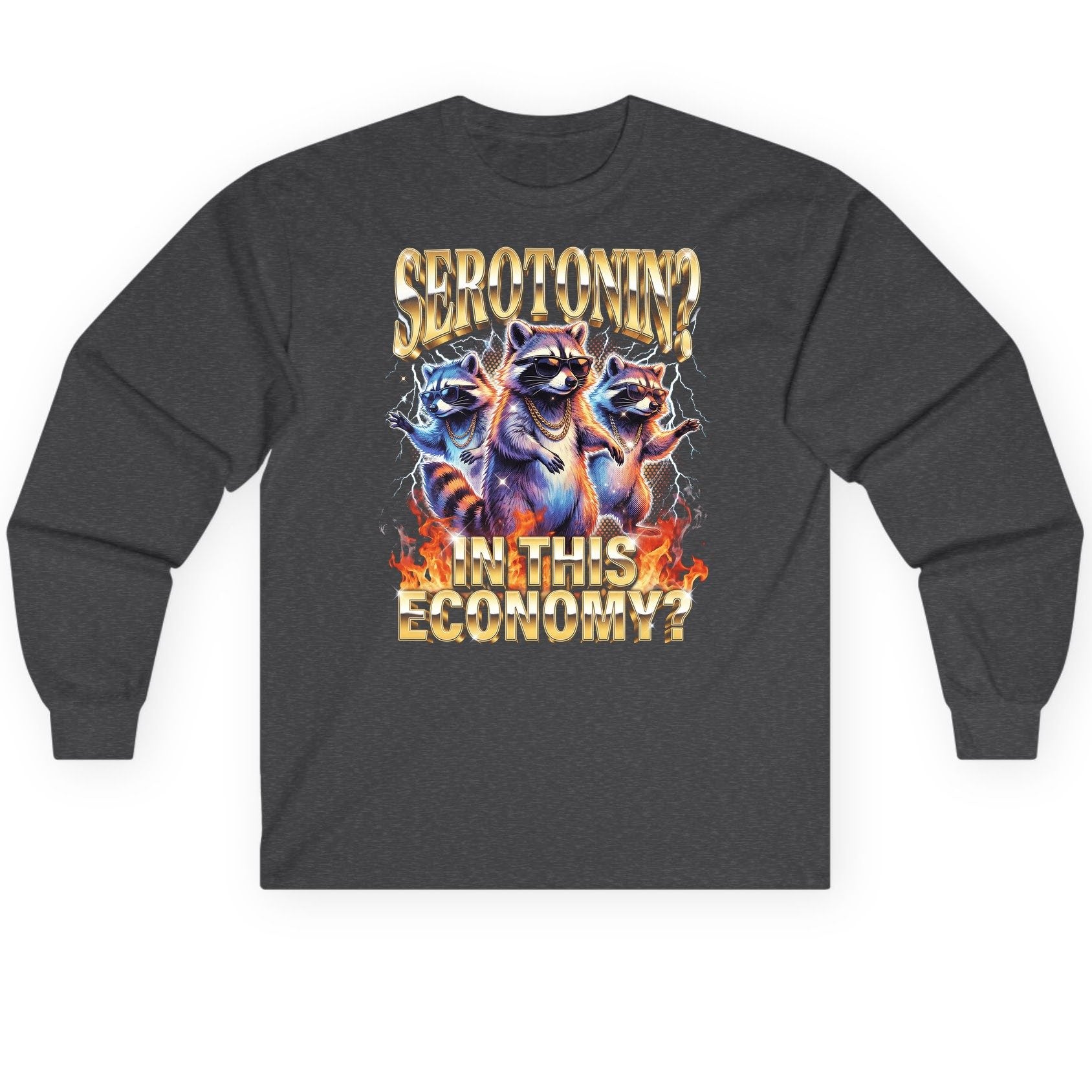 Serotonin in This Economy? raccoon Long Sleeve Tee Dark Heather product mockup