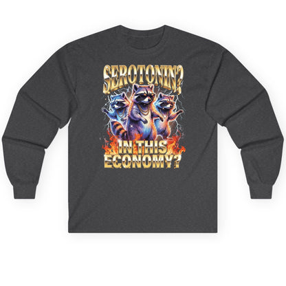Serotonin in This Economy? raccoon Long Sleeve Tee Dark Heather product mockup