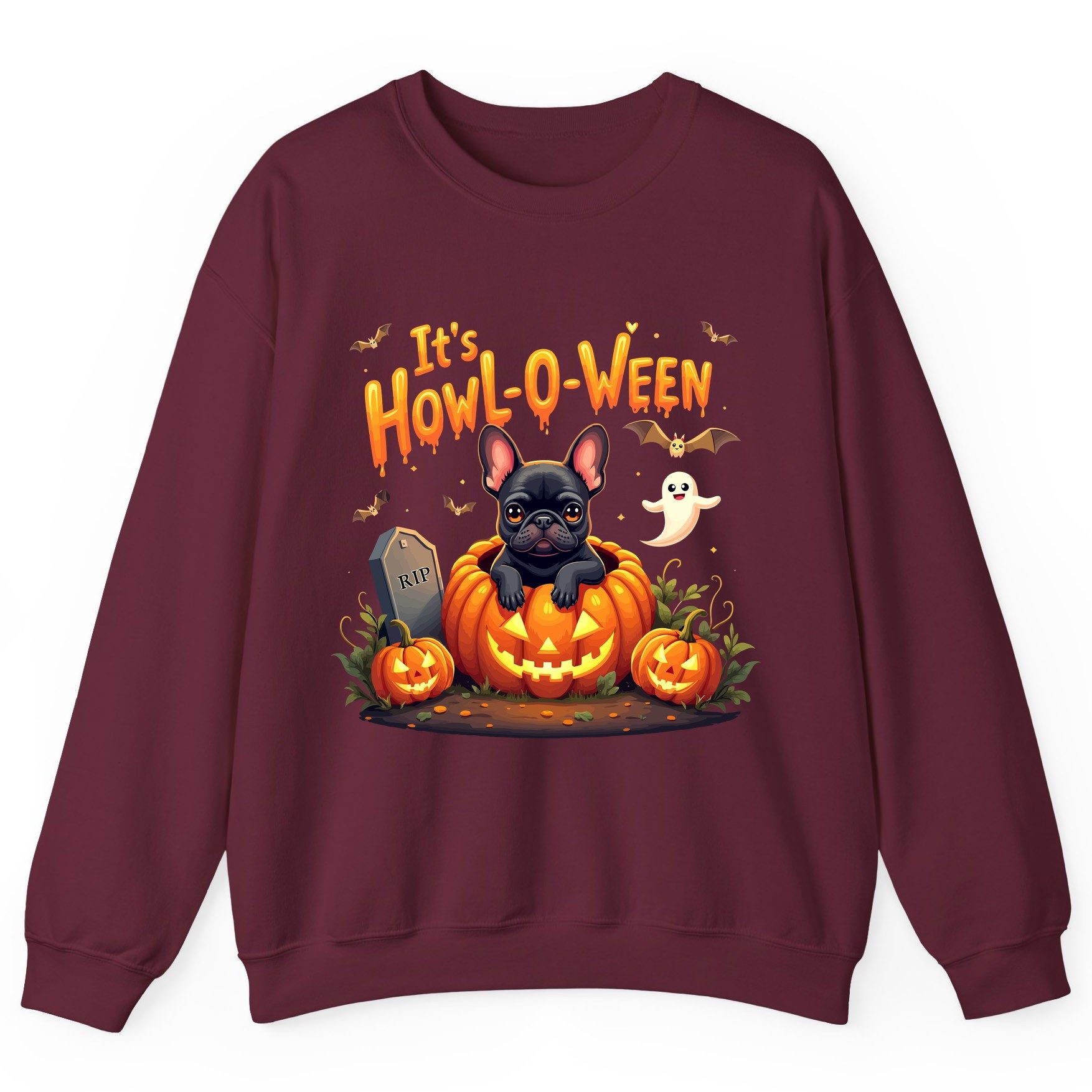 It's Howl-O-Ween french bulldog Sweatshirt Maroon product mockup