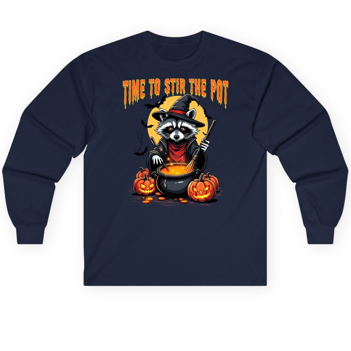 Time to Stir the Pot Halloween raccoon Long Sleeve Tee Navy product mockup