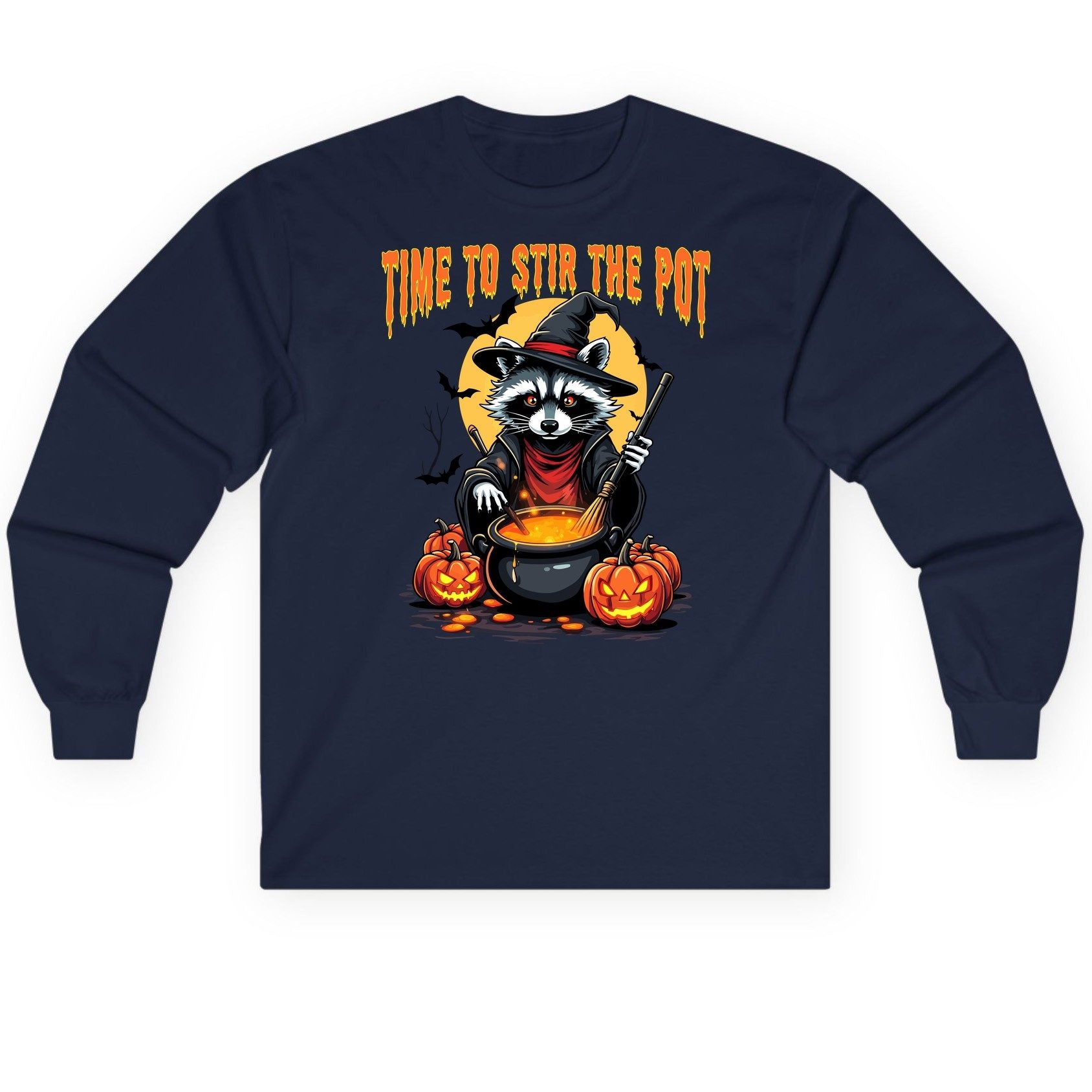 Time to Stir the Pot Halloween raccoon Long Sleeve Tee Navy product mockup