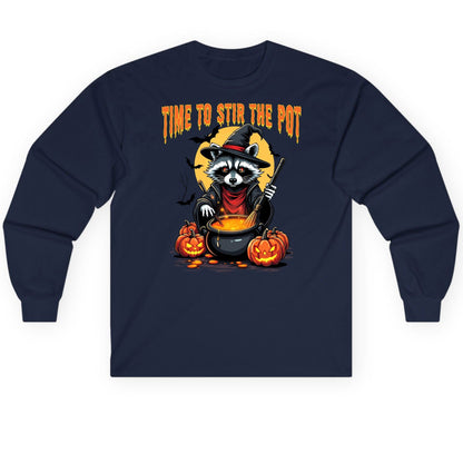 Time to Stir the Pot Halloween raccoon Long Sleeve Tee Navy product mockup