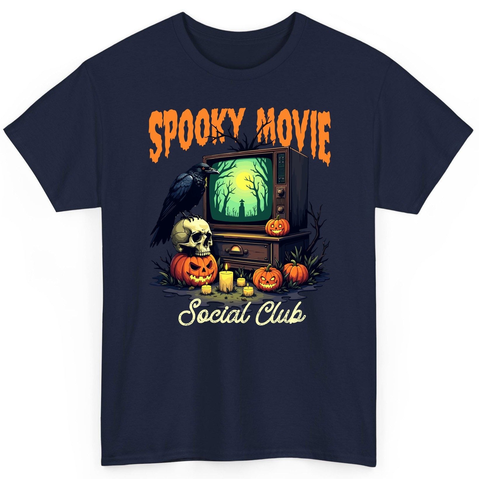 Spooky Movie Social Club Halloween T-Shirt Navy product mockup