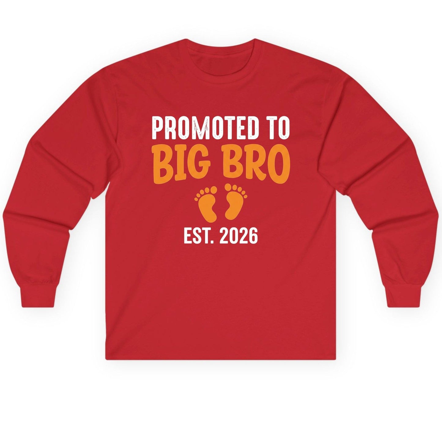 Promoted TO BIG BRO EST 2026 Pregnancy Announcement Long Sleeve Tee - product mockup - Red