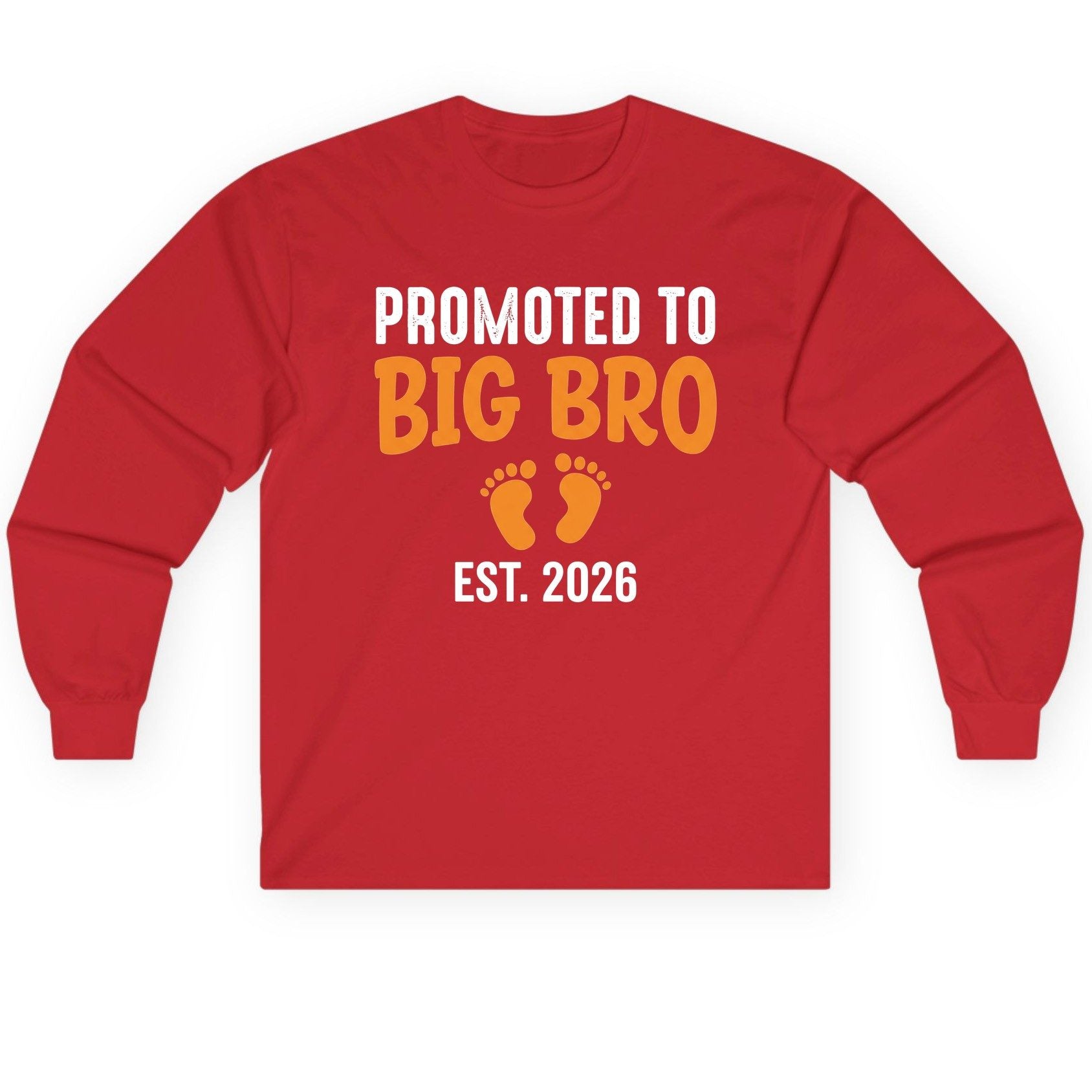 Promoted TO BIG BRO EST 2026 Pregnancy Announcement Long Sleeve Tee - product mockup - Red