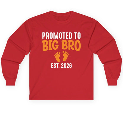 Promoted TO BIG BRO EST 2026 Pregnancy Announcement Long Sleeve Tee - product mockup - Red