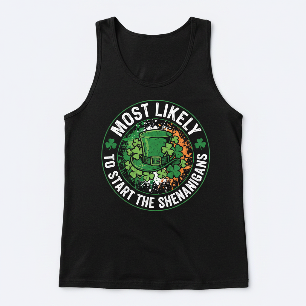 Most Likely To Start The Shenanigans St. Patrick's Day Design Tank Top - Black