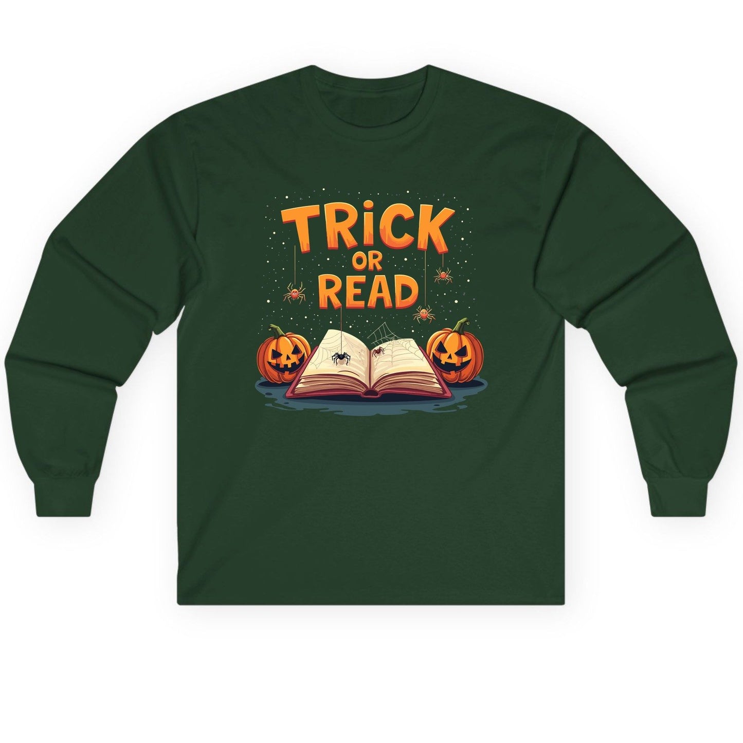 Trick or Read Halloween Long Sleeve Tee Forest Green product mockup