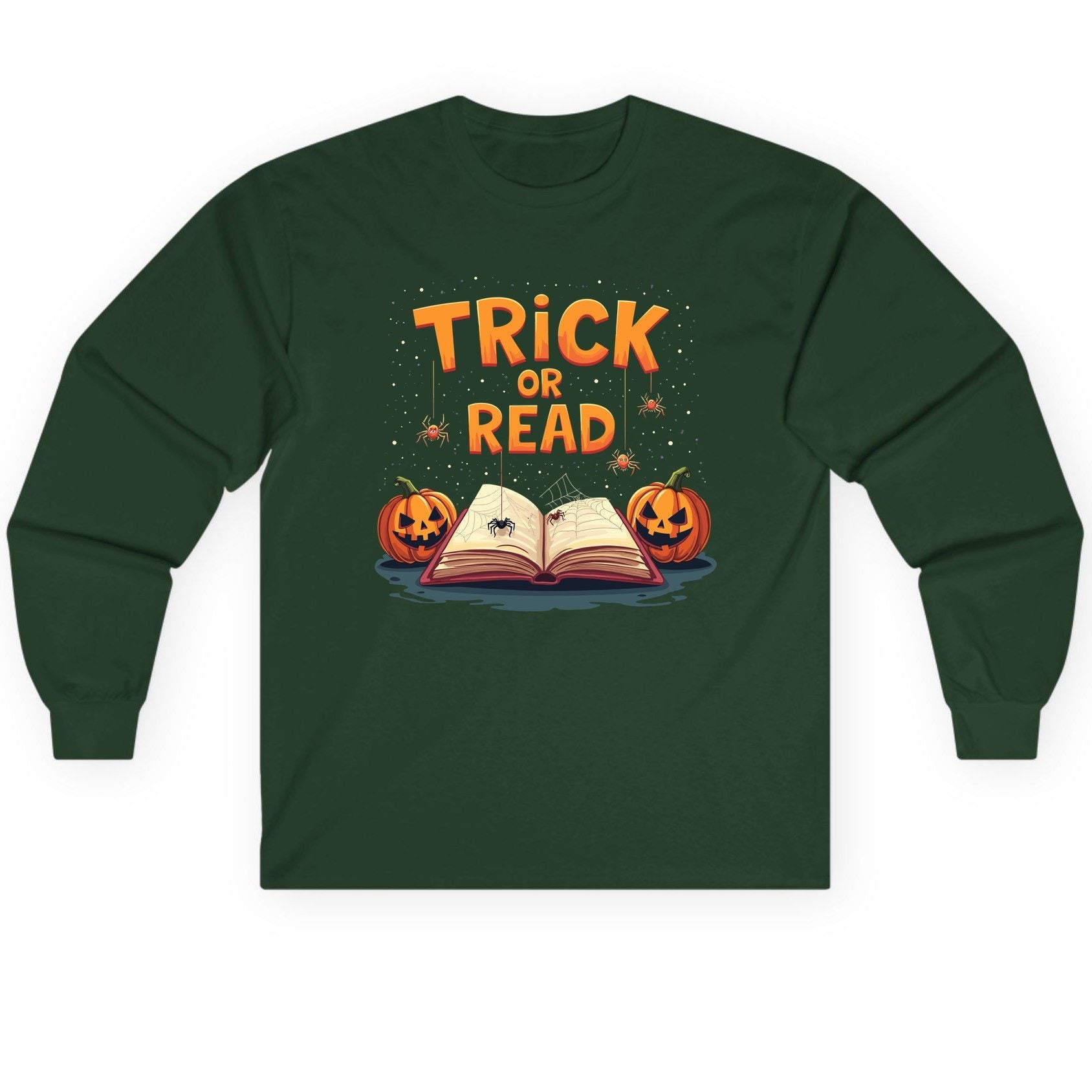Trick or Read Halloween Long Sleeve Tee Forest Green product mockup