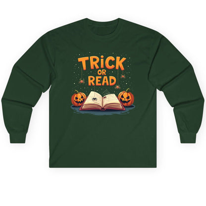 Trick or Read Halloween Long Sleeve Tee Forest Green product mockup