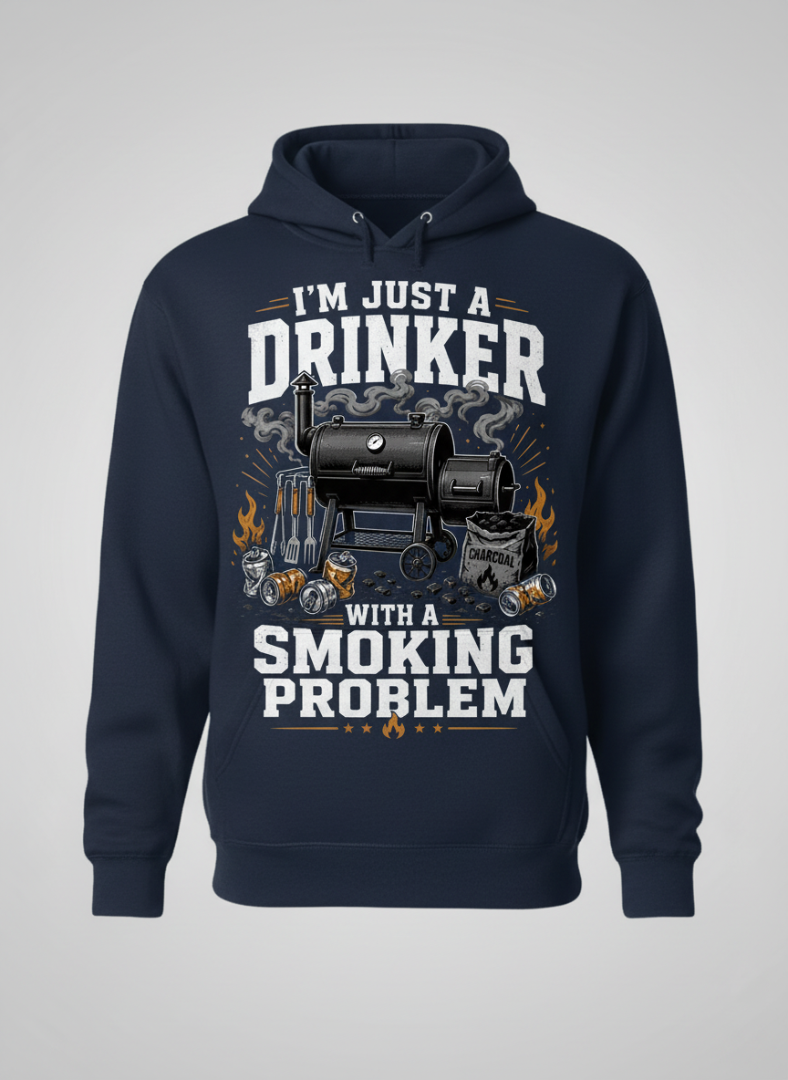 I'M JUST A DRINKER WITH A SMOKING PROBLEM Funny Drinker With A Smoking Problem BBQ Hoodie - product mockup - Navy