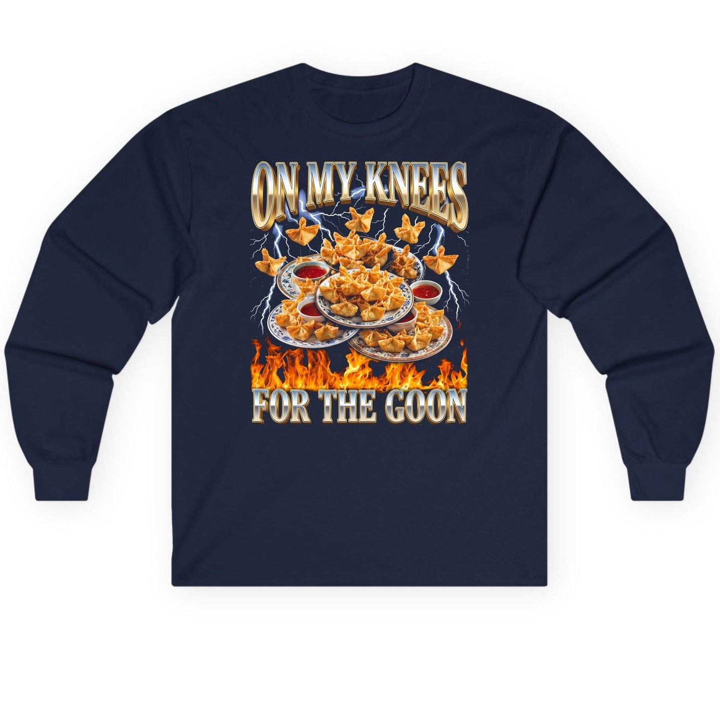 On My Knees for the Goon crab rangoon Long Sleeve Tee Navy product mockup