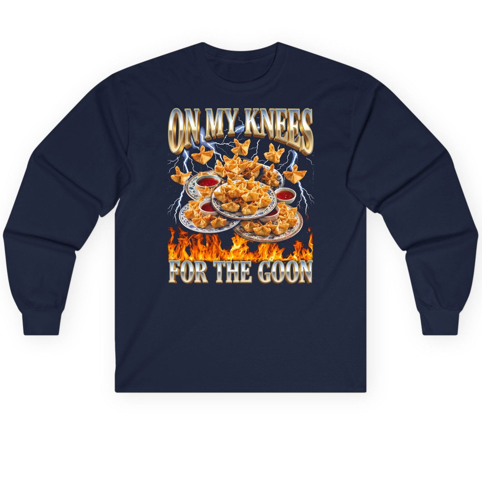 On My Knees for the Goon crab rangoon Long Sleeve Tee Navy product mockup