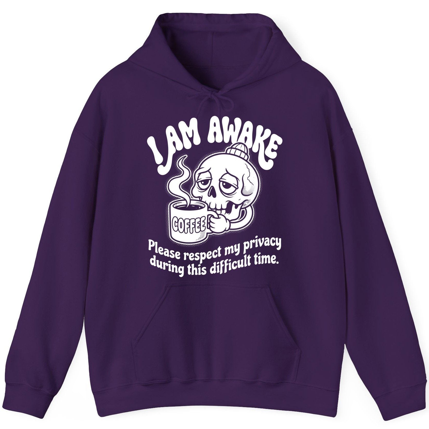 I Am Awake Please Respect My Privacy During This Difficult Time skull drinking coffee Hoodie Purple product mockup