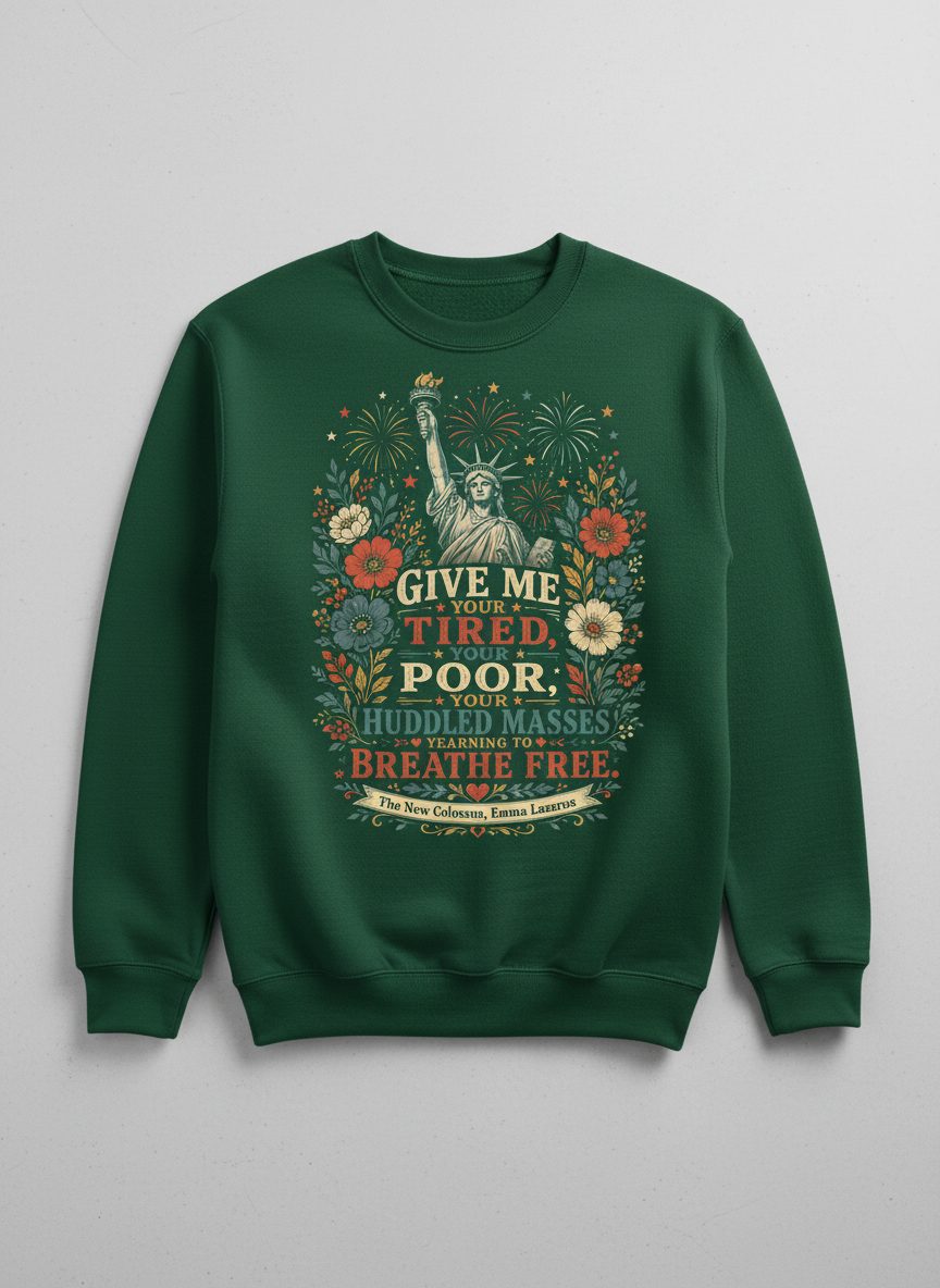 Breathe Free Patriotic Statue Liberty Vintage Sweatshirt - product mockup - Forest Green
