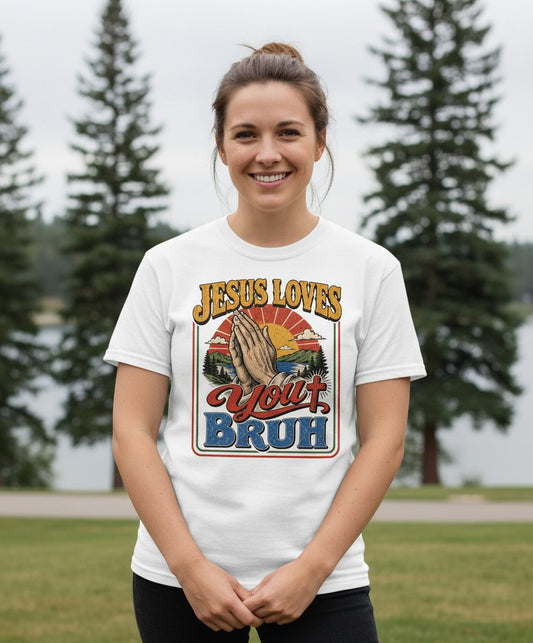 JESUS LOVES You BRUH Funny Christian Humor Youth T-Shirt - lifestyle model mockup - White