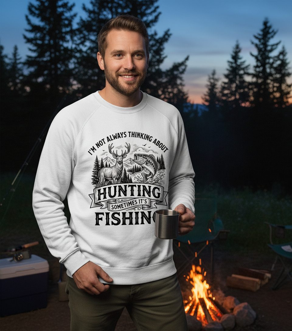 I'm Not Always Thinking About Hunting Sometimes It's Fishing hunting and fishing Sweatshirt White lifestyle mockup