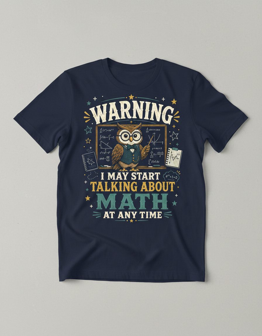 Warning I May Start Talking About Math at Any Time Funny Teachers T-Shirt - product mockup - Navy