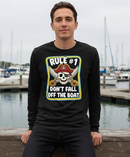 Rule 1 Don't Fall Off the Boat pirate Long Sleeve Tee Black lifestyle mockup