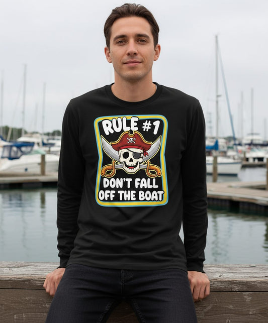 Rule 1 Don't Fall Off the Boat pirate Long Sleeve Tee Black lifestyle mockup