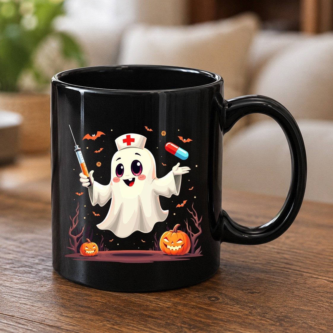 Cute Ghost Nurse Halloween ghost nurse Black Mug Black product mockup