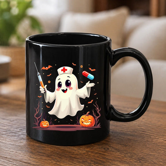 Cute Ghost Nurse Halloween ghost nurse Black Mug Black product mockup